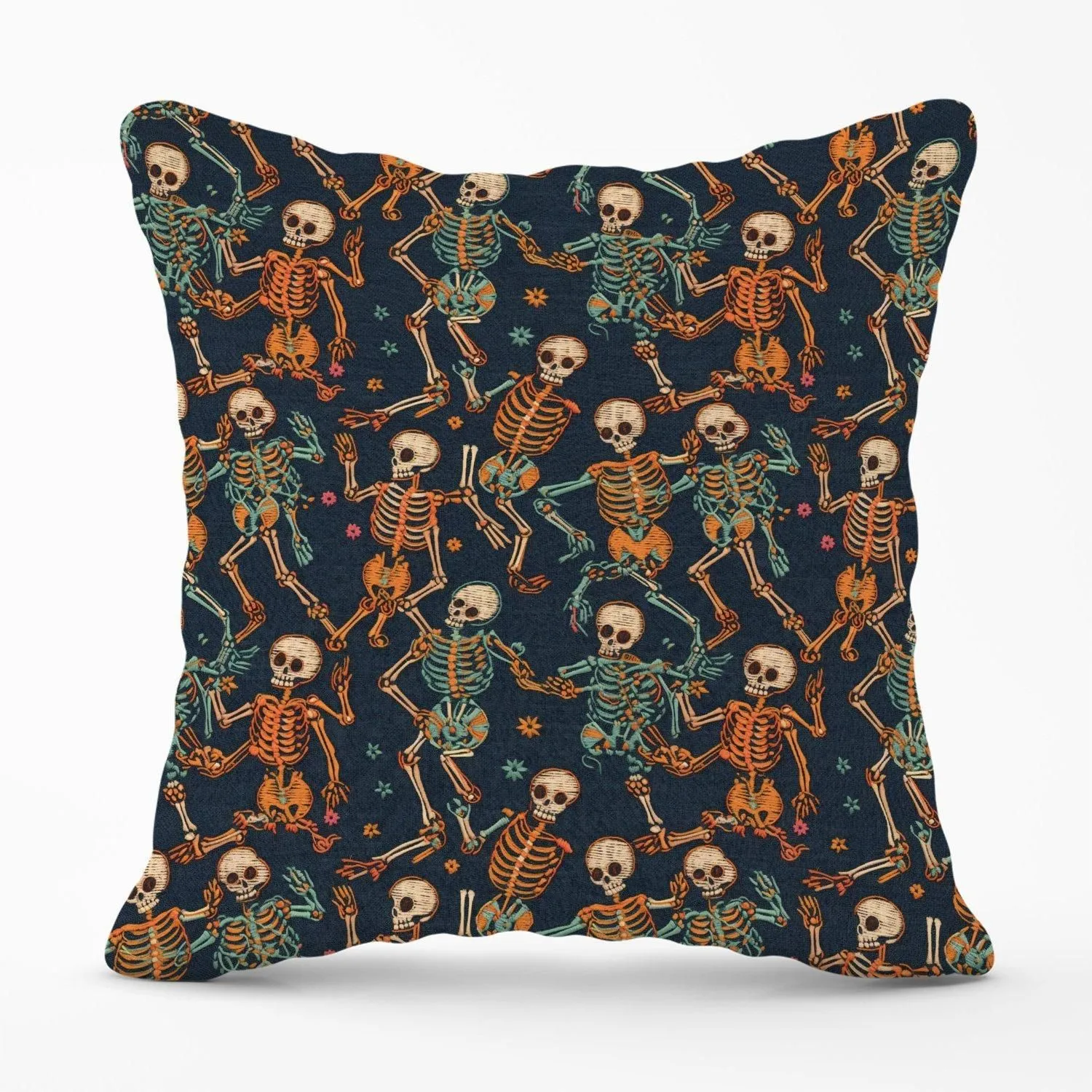 Warren Reed - Designer Dancing Skeletons Outdoor Cushion in Orange