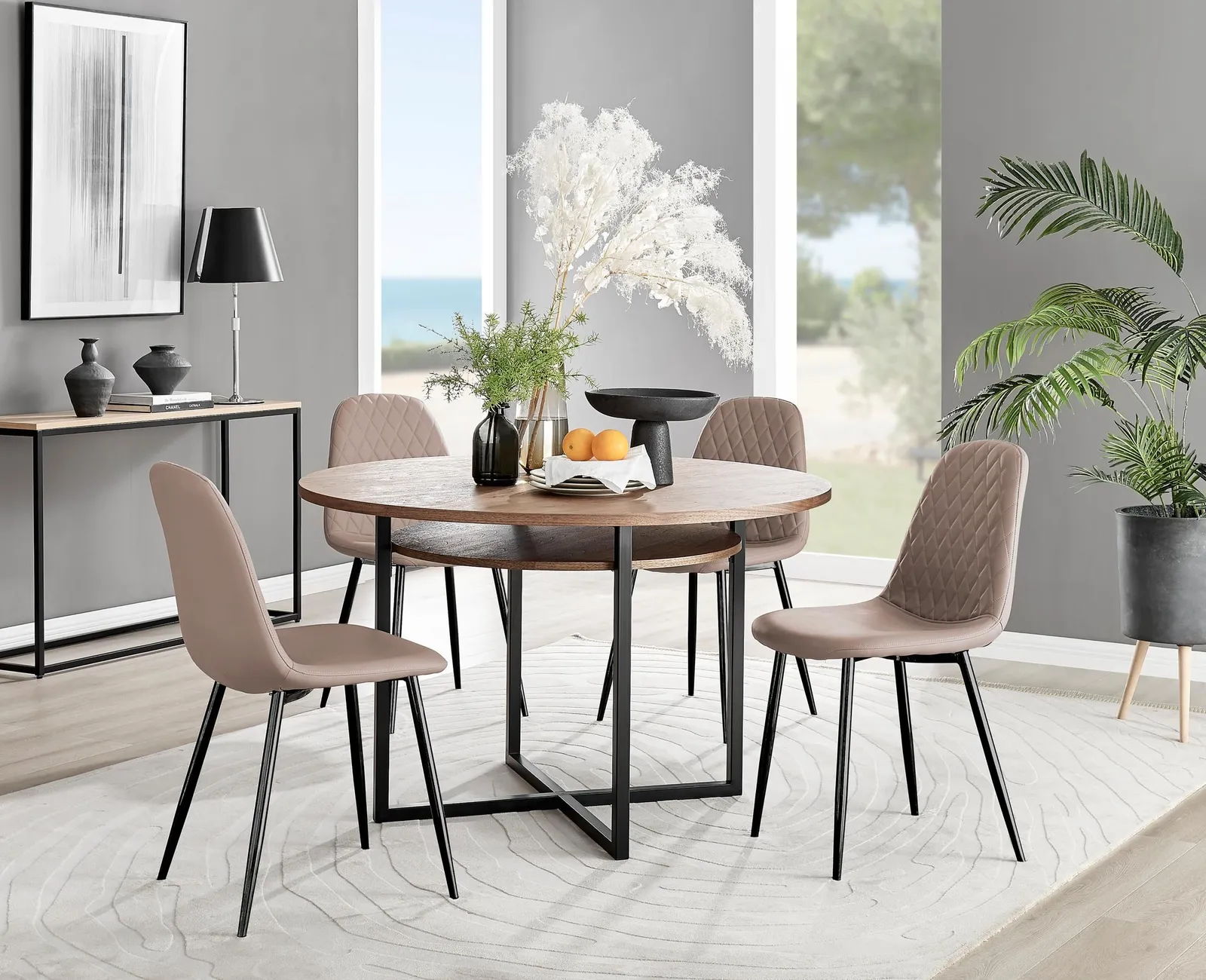 FurnitureboxUK Adley Brown Wood Storage Dining Table & 4 Corona Black Leg Chairs in Beige