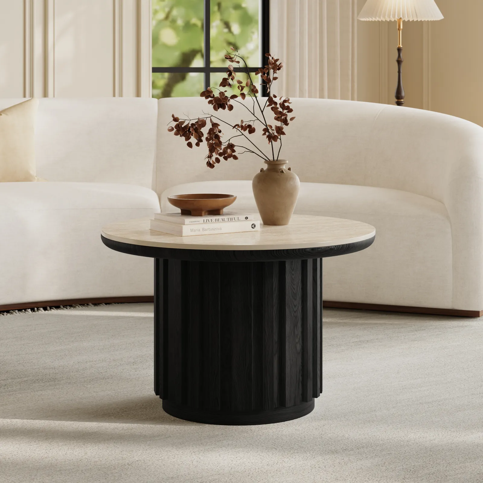 Aura Ash Wood Slatted Round Coffee Table with Sintered Stone Top