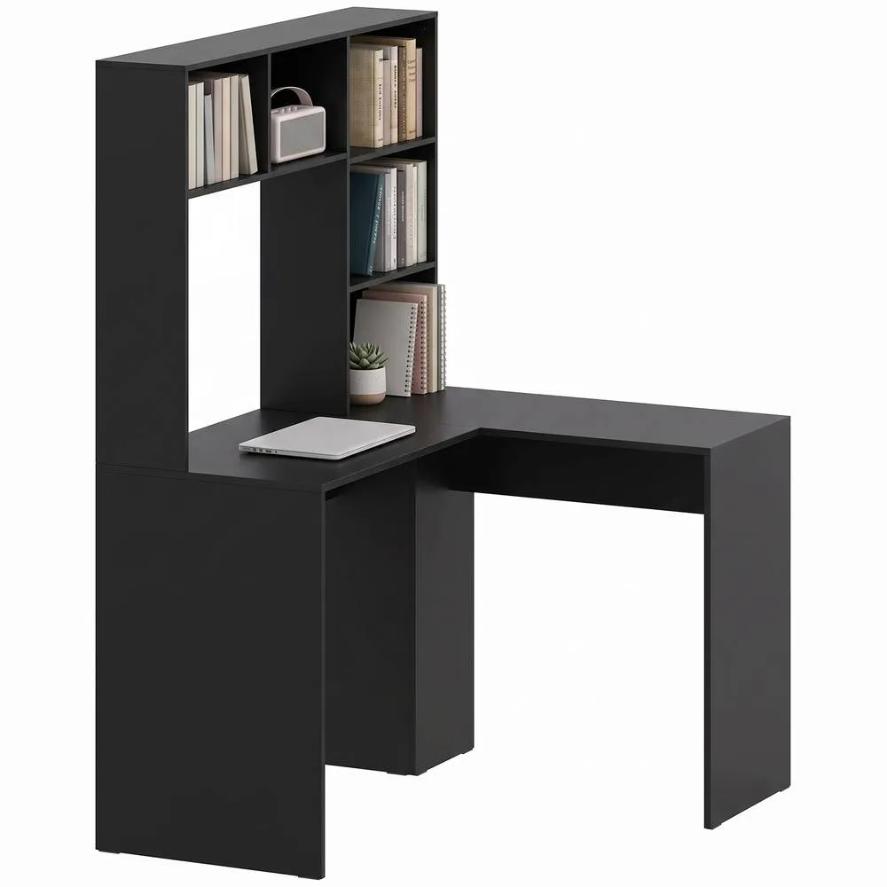HOMCOM L Shaped Desk with 5 Storage Shelves Corner Computer Desk, Black