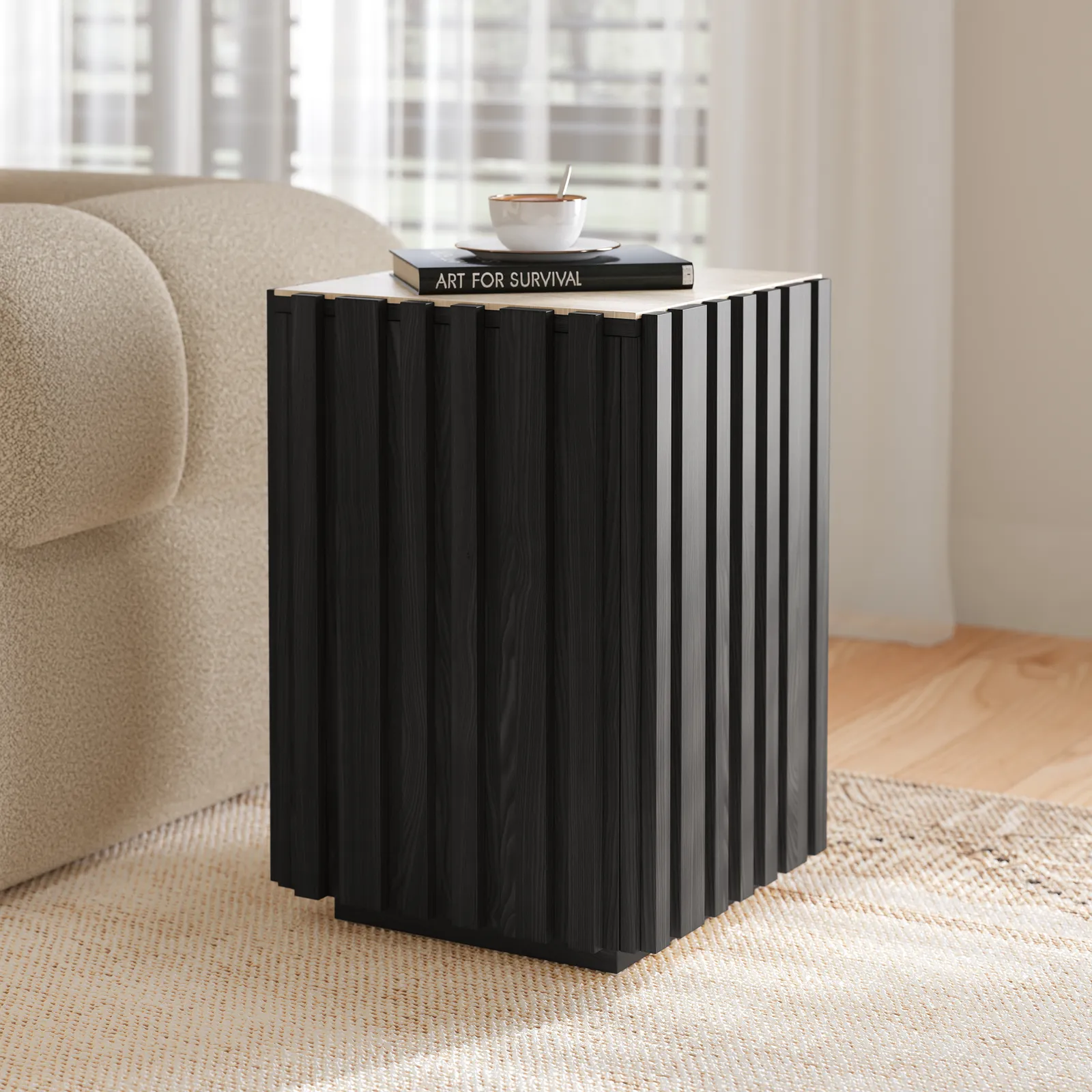 Aura Ash Wood Fluted Black Side Table with Sintered Stone Top