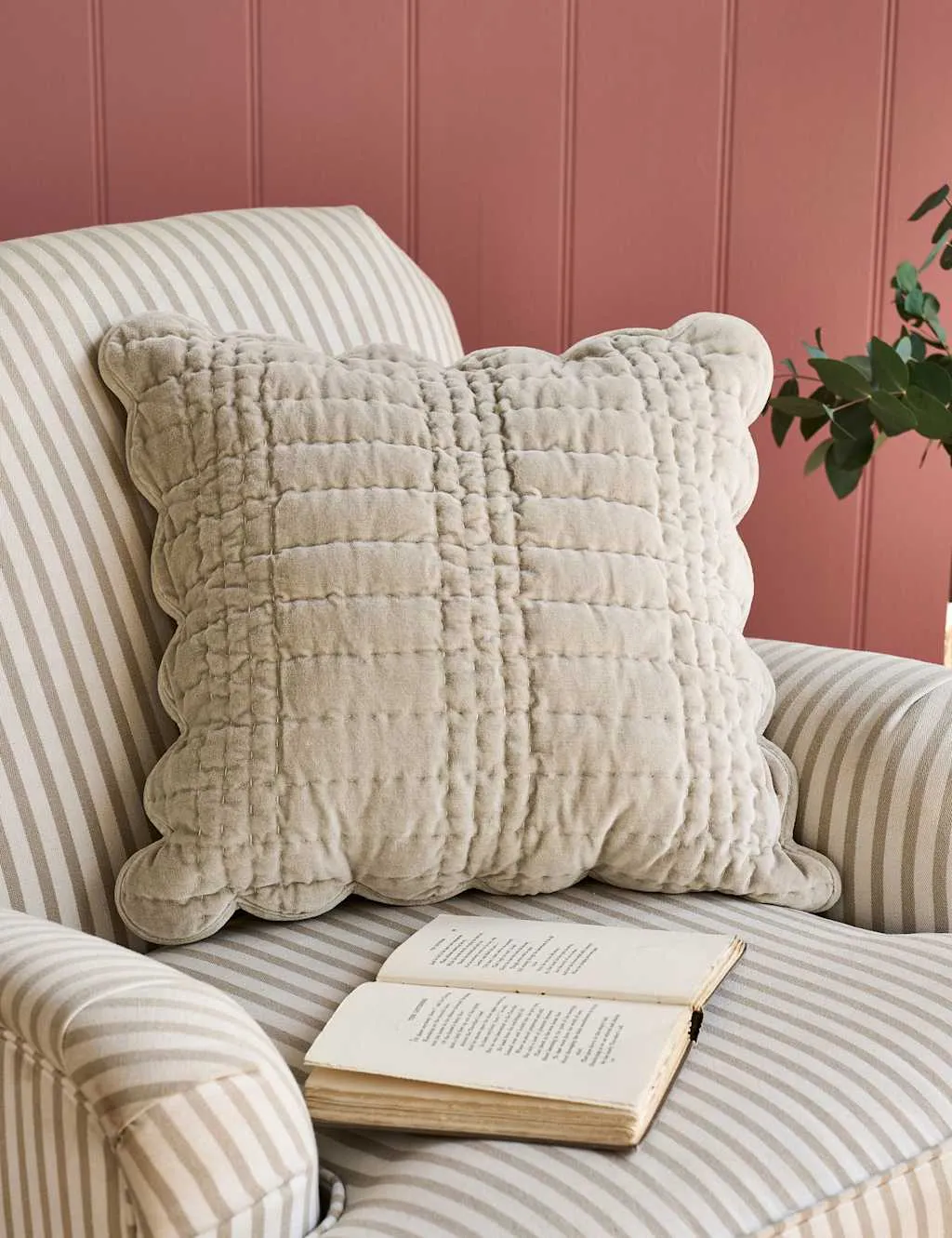 Laura Ashley Velvet Scalloped Cushion Light Grey