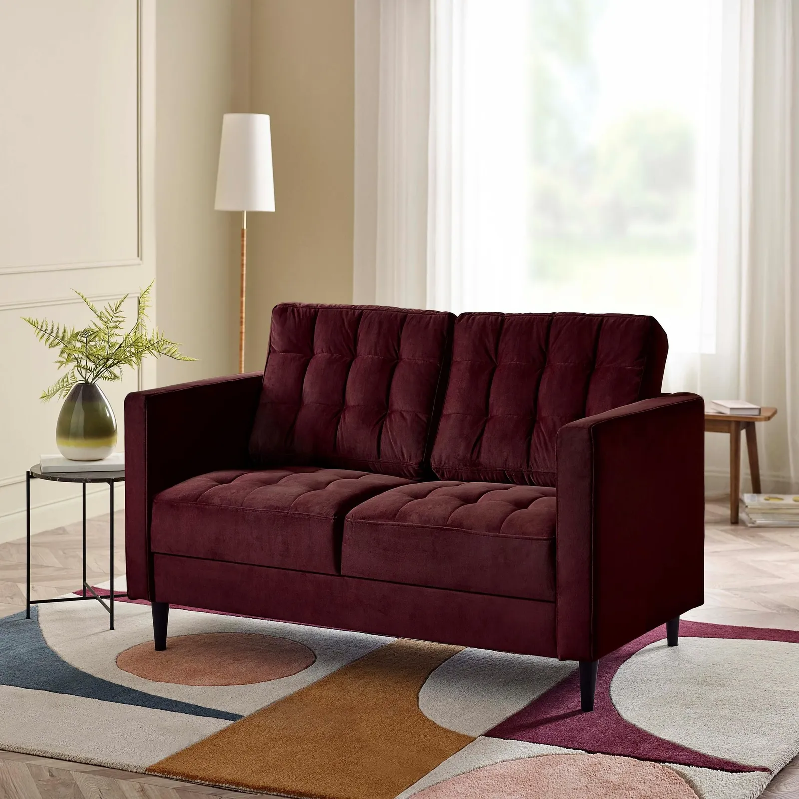 FurnitureboxUK Jade 2-Seater Soft Touch Velvet Sofa With Solid Wood Frame in Maroon 1