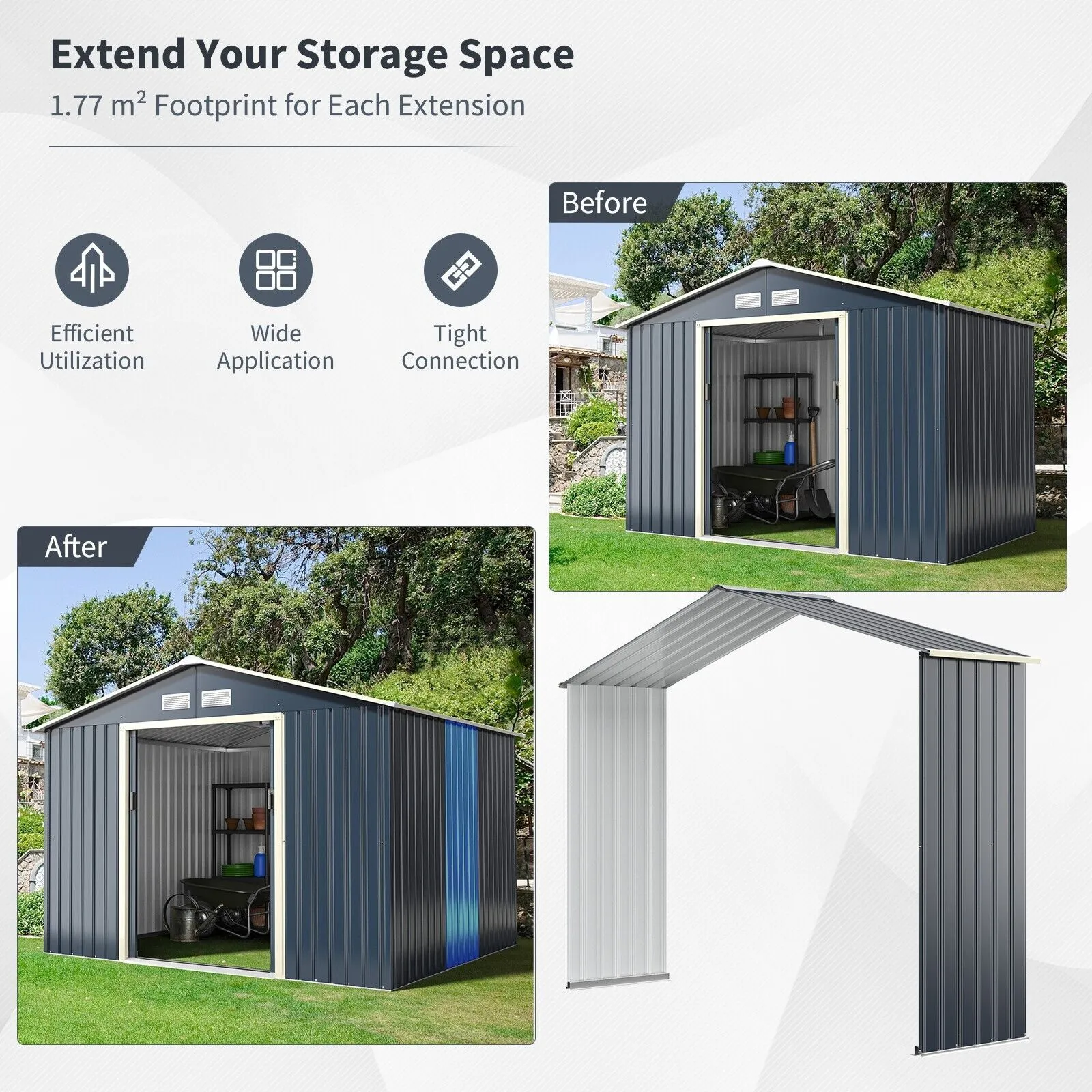 Costway Outdoor Storage Shed Extension Kit for 203 cm Shed Width Increased Storage Space in Grey 4