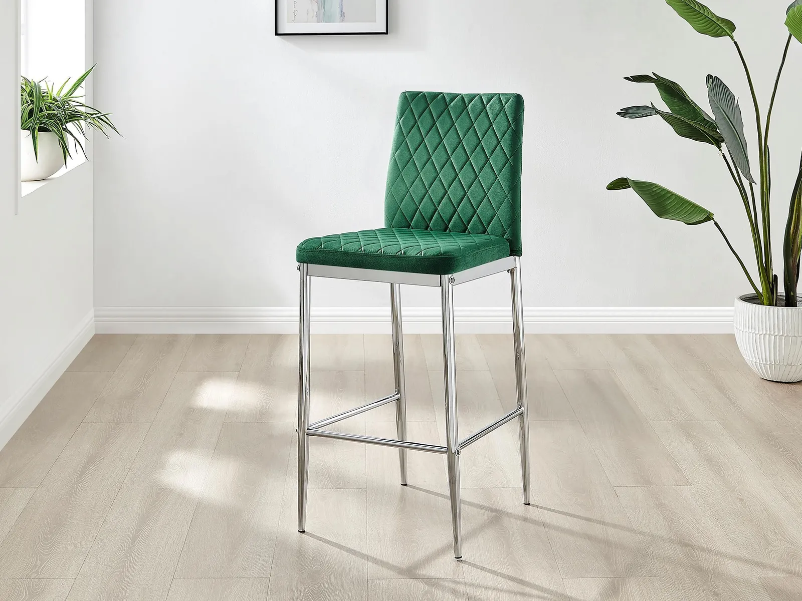 FurnitureboxUK Set of 2 Milan Soft Touch Hatched Velvet Padded Counter Stools With Silver Chrome Metal Legs in Green 2