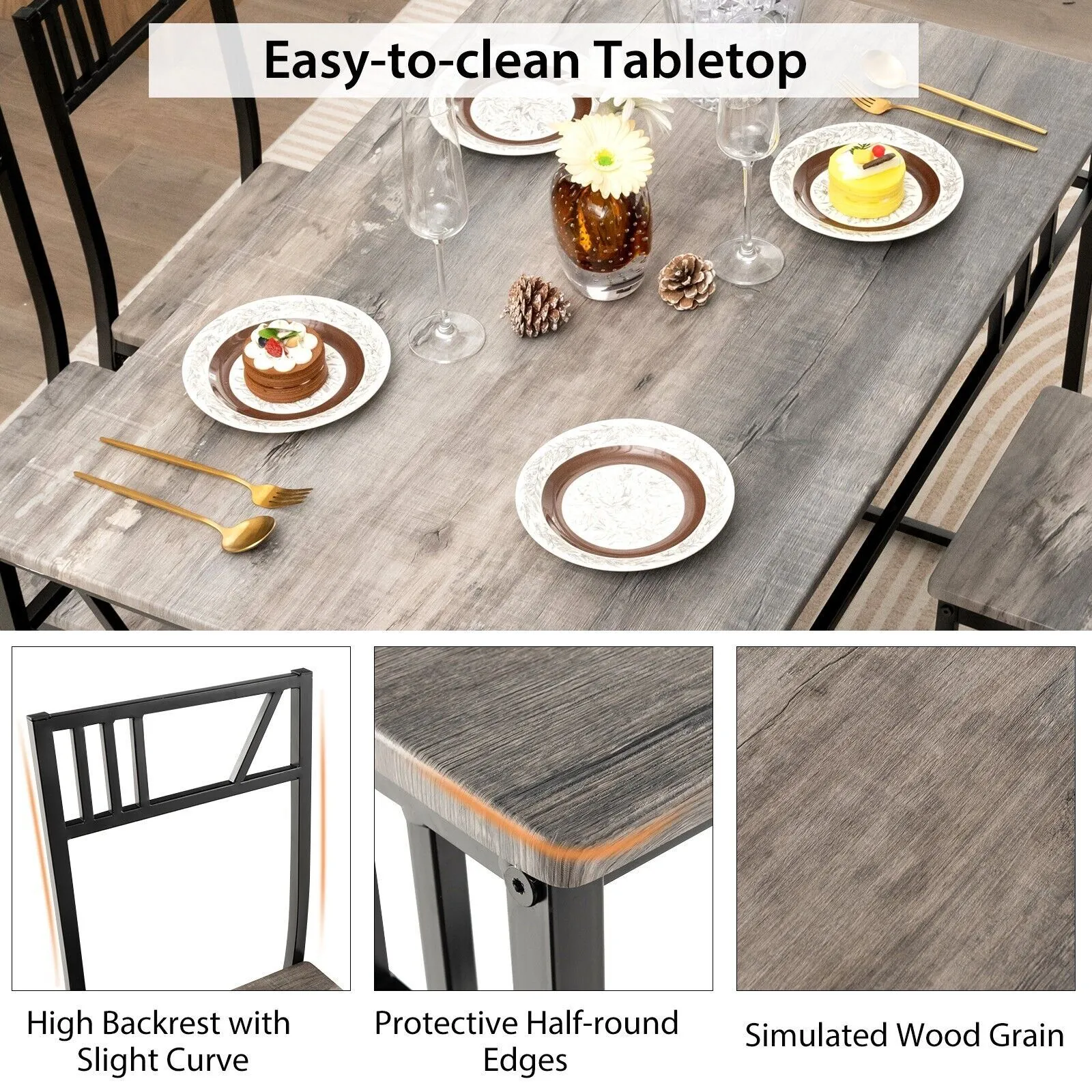 Costway Industrial 5 Piece Dining Table Set Kitchen Table & 4 Chairs Rectangular Table in Grey 6