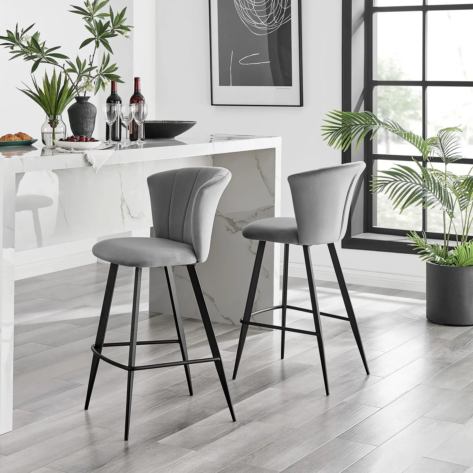 FurnitureboxUK Set of 2 Juniper Soft Touch Velvet Fluted Art Deco Counter Stools With Black Metal Legs in Grey 1