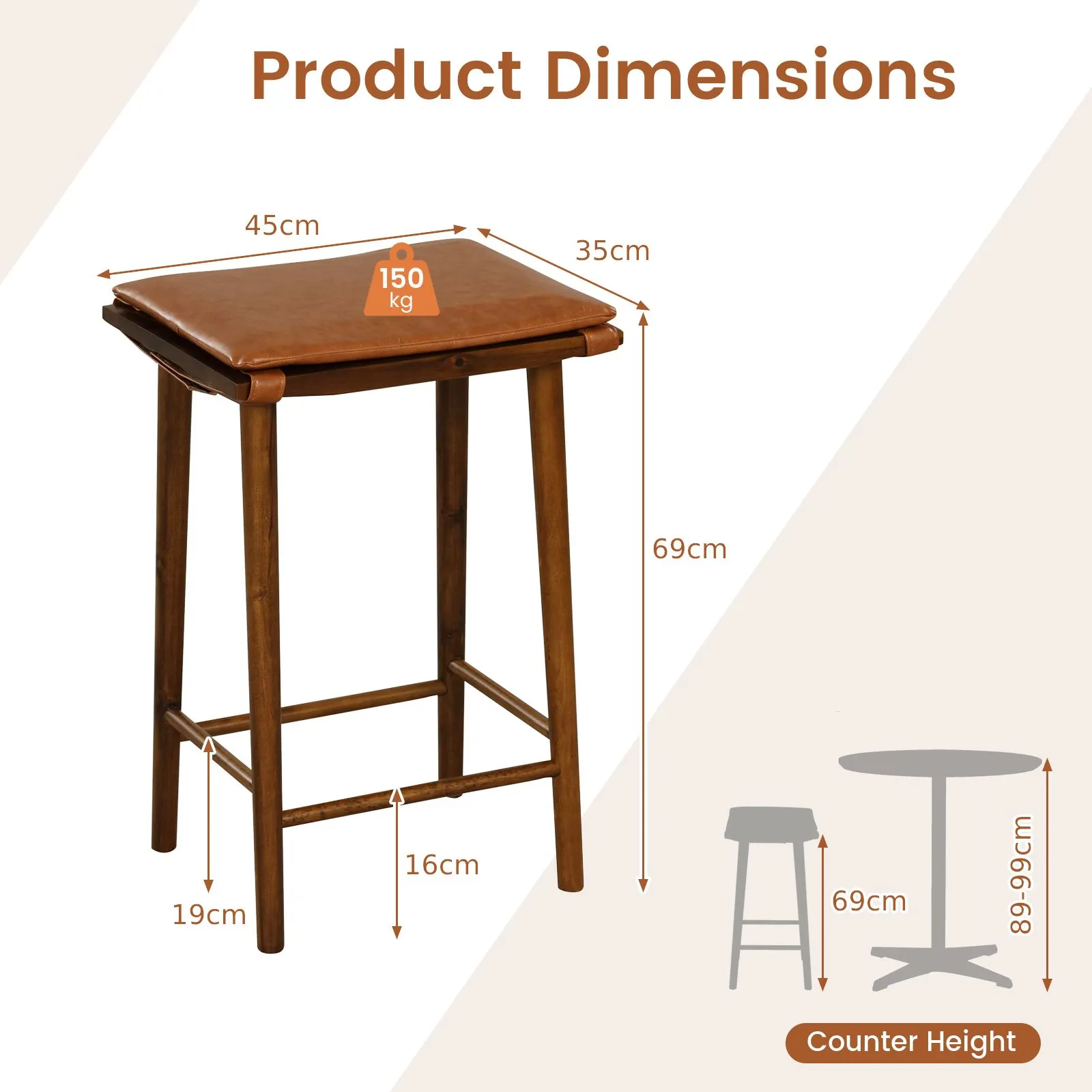 Costway Set of 2 Bar Stools Counter Height Stools Saddle Seat Stool with Solid Wood Legs in Brown 2