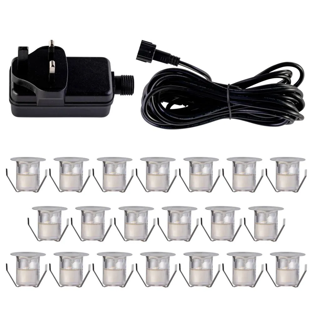 First Choice Lighting Set of 20 - 30mm Stainless Steel IP67 Cool White LED Decking Kit in Silver