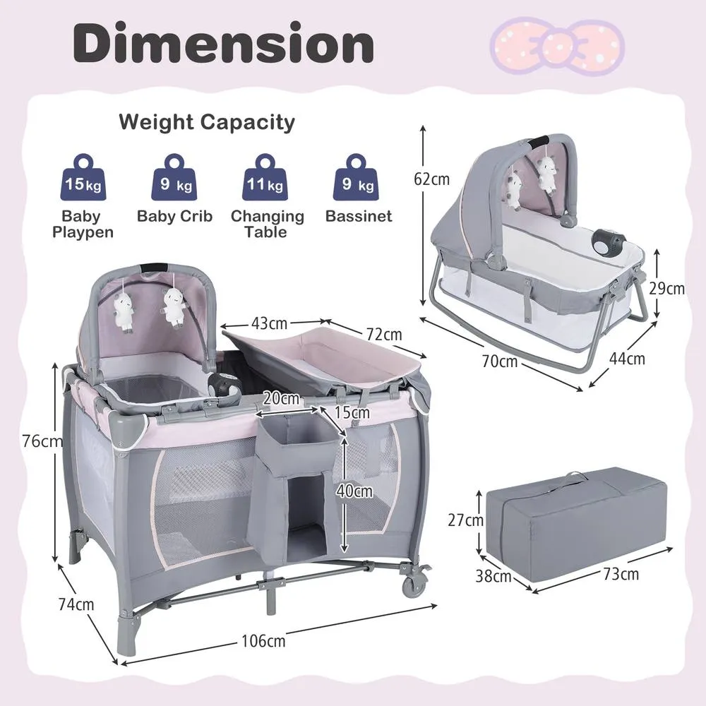 Costway Foldable Pack &Play Portable Baby Playard w/Rocking Bassinet&Music Box in Pink 2