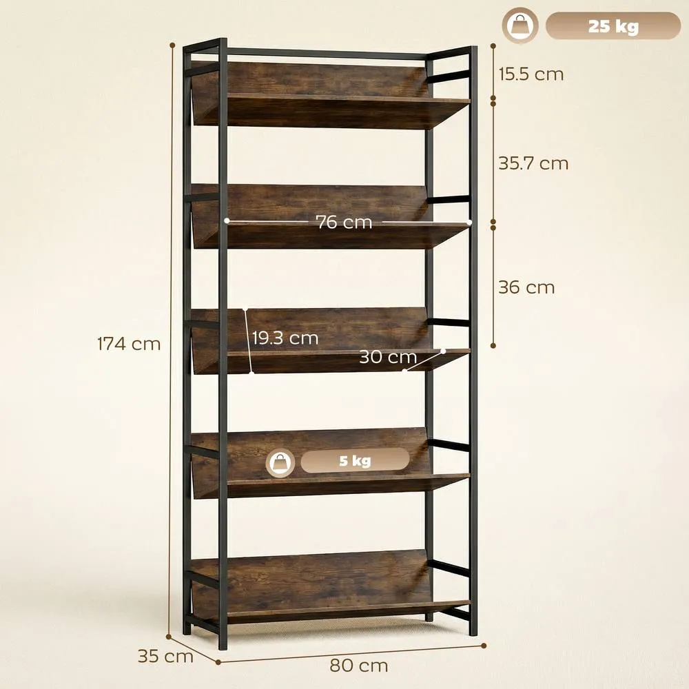 HOMCOM Bookcase Anti-Slip Design 5-Tier in Brown 3