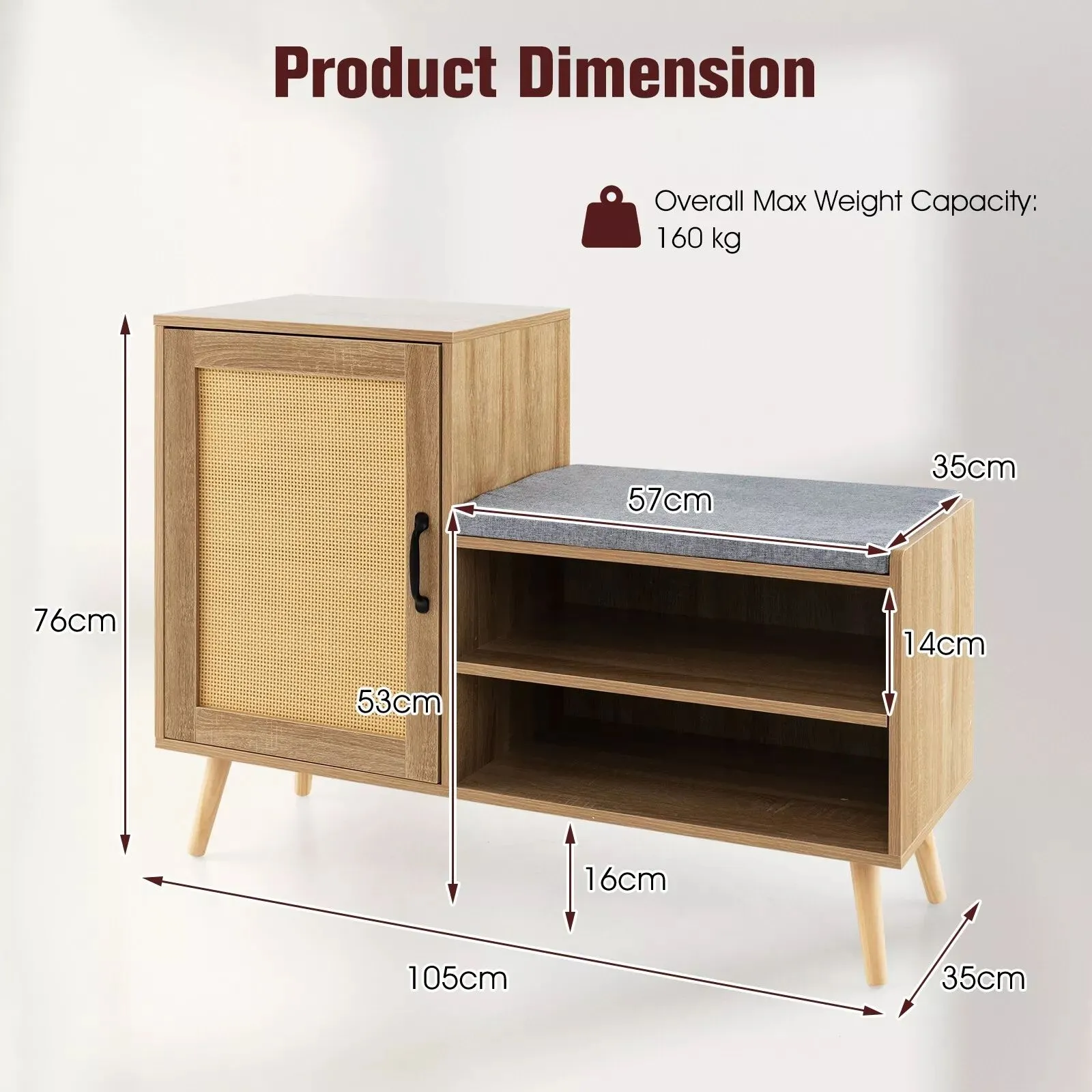 Costway Rattan Shoe Cabinet 2-in-1 Shoe Storage Bench Shoe Rack Cabinet in Natural 2