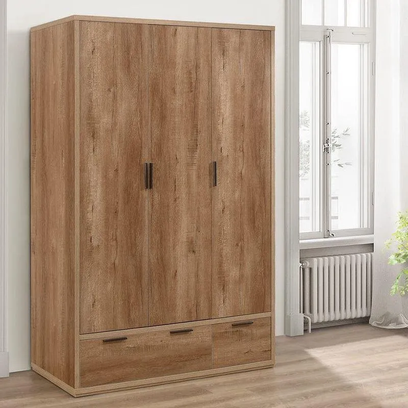 Stockwell - Rustic 3 Door Combination Wardrobe - Oak - Wooden - Happy Beds 1