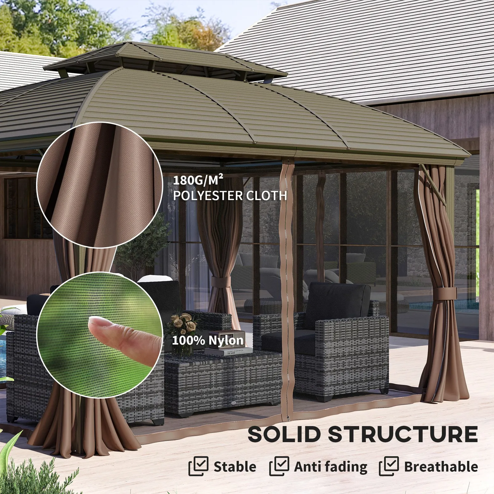 OUTSUNNY 3.65 x 3(m) Aluminium Outdoor Gazebo w/ Hardtop Double Roof, Coffee in Brown 6