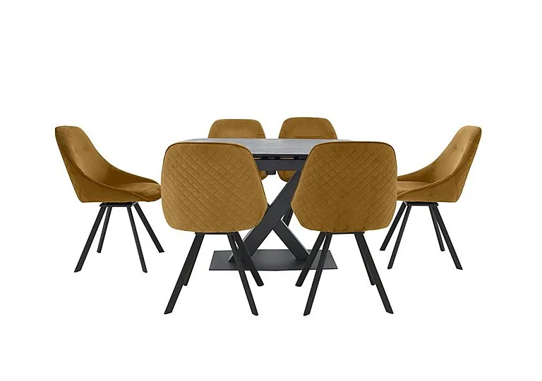 Arctic Extending Dining Table with Graphite Top and 6 Swivel Chairs - Mustard Velvet