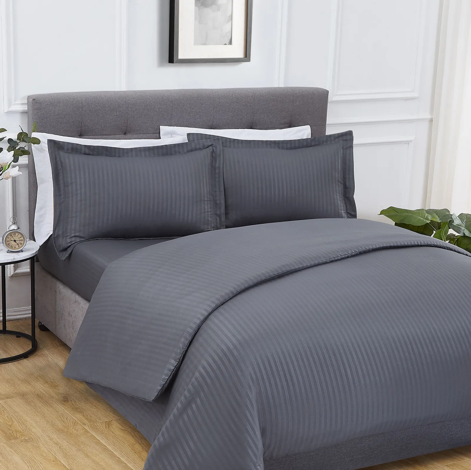 Smart Living Luxury Super Soft Easy Care Sateen Stripe Complete Bedding Set in Charcoal