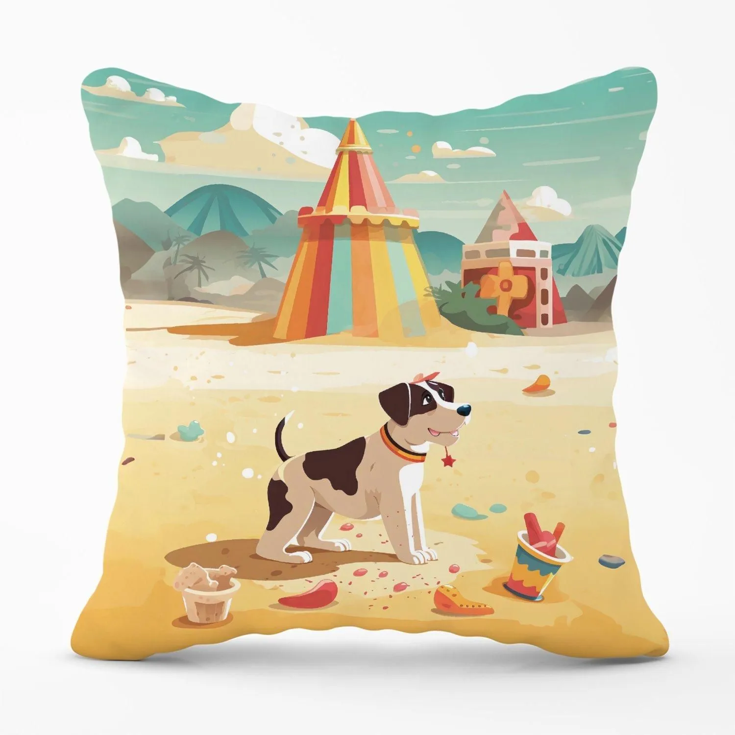 Warren Reed - Designer Doggy On A Beach Holiday Outdoor Cushion in Yellow