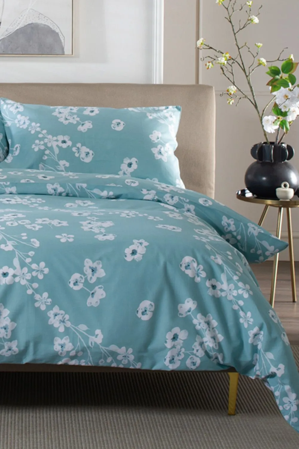 The Lyndon Company Petite Fleure Printed 100% Cotton Duvet Cover Set with Piped Edges in Duck Egg Blue 2