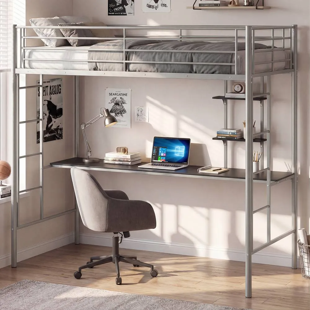 Costway Single Size Loft Bed with Desk & Shelves in Silver