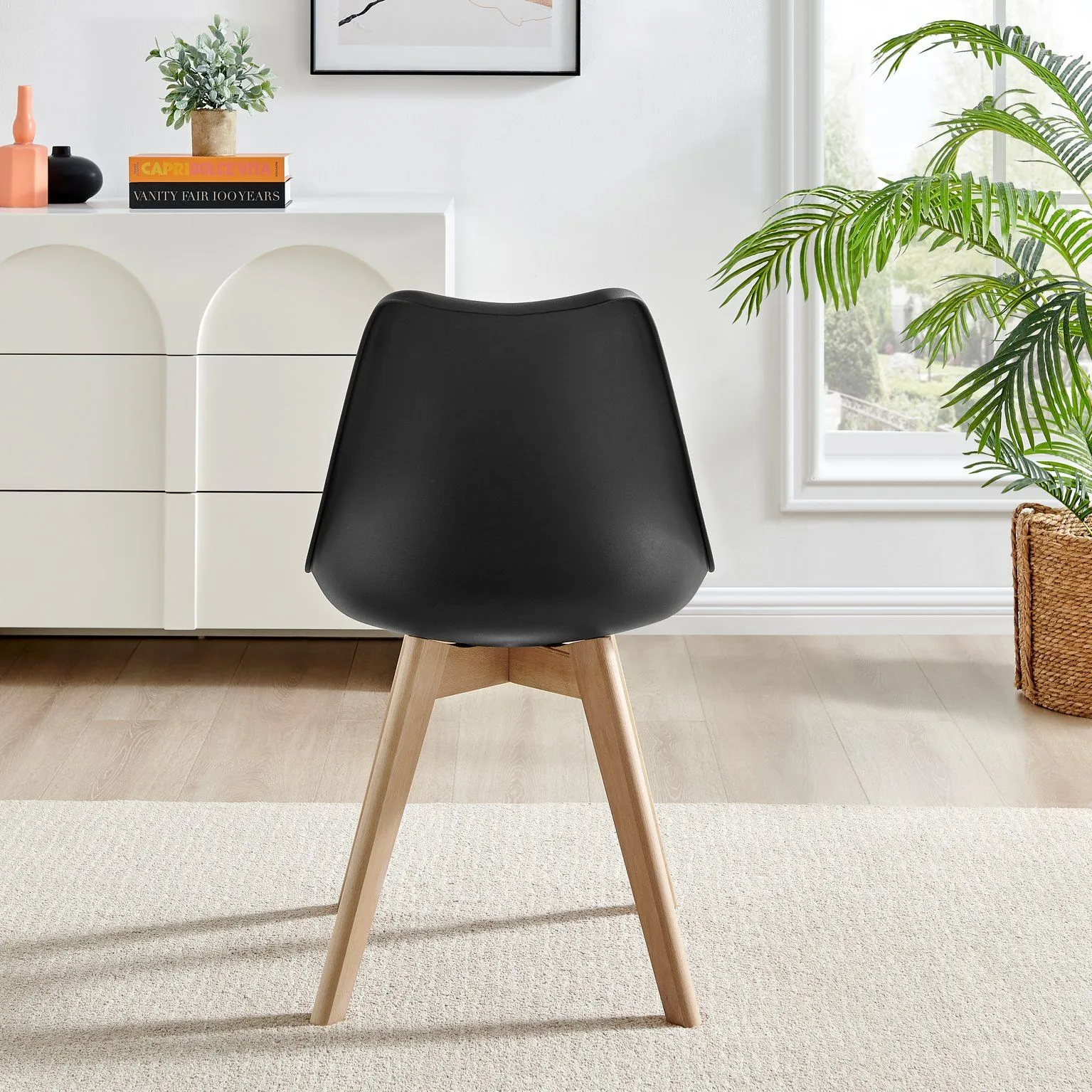 FurnitureboxUK Set of 2 Stockholm Natural Birch Wood Scandi Minimalist Dining Chairs with Faux Leather Cushion in Black 3