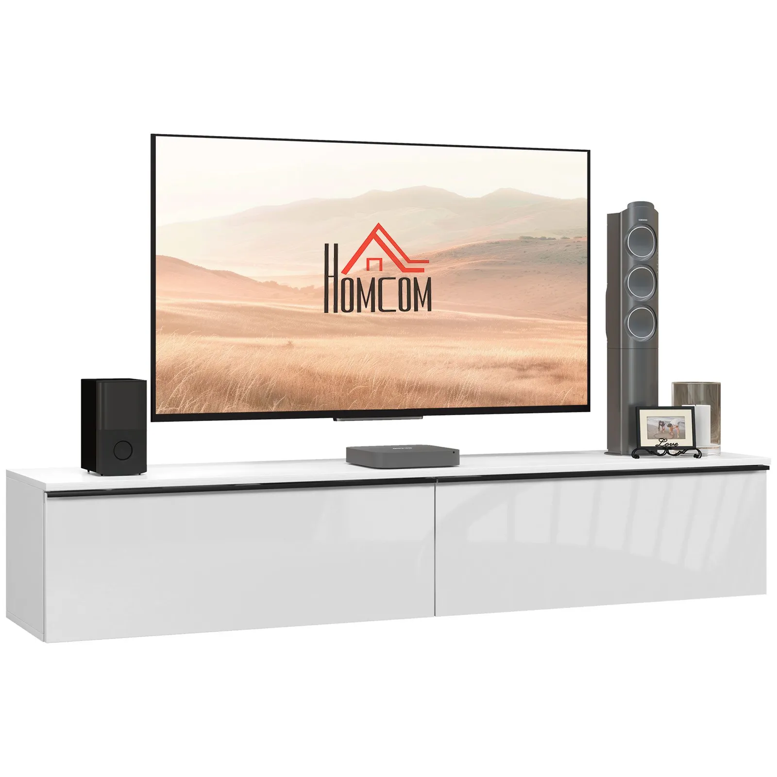 HOMCOM Wall Mounted TV Stand Unit with Storage & High Gloss Effect, White 2