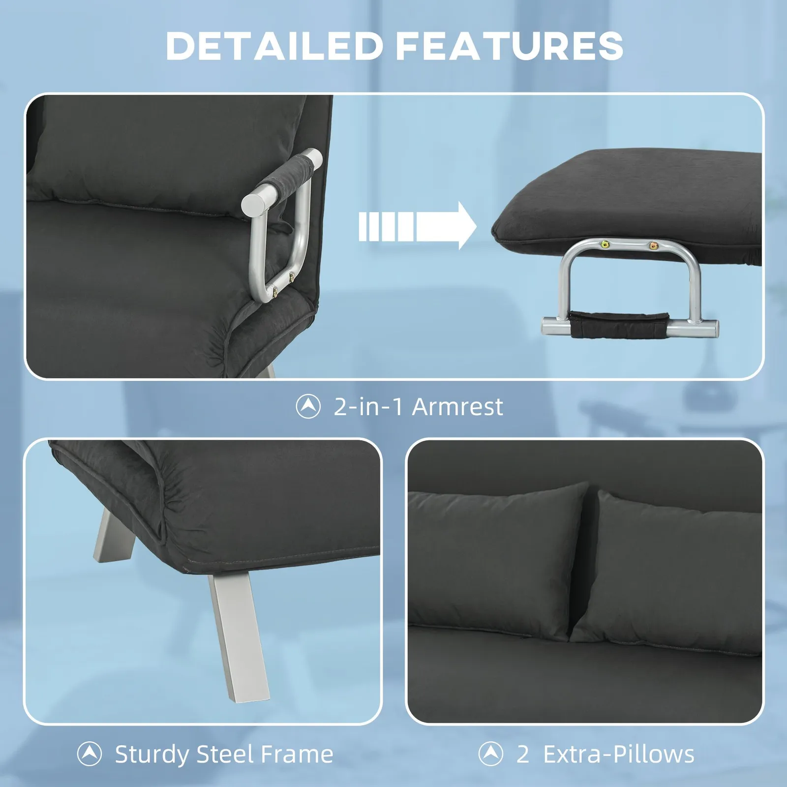 HOMCOM Fabric Sofa, Convertible 2 Seater Sofa Bed w/ Pillows in Dark Grey 6