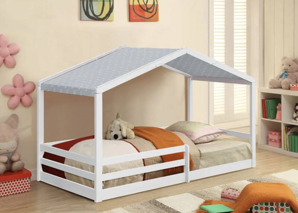 Comfy Living Ltd 3ft Wooden House Bed With Grey Tent in White 1