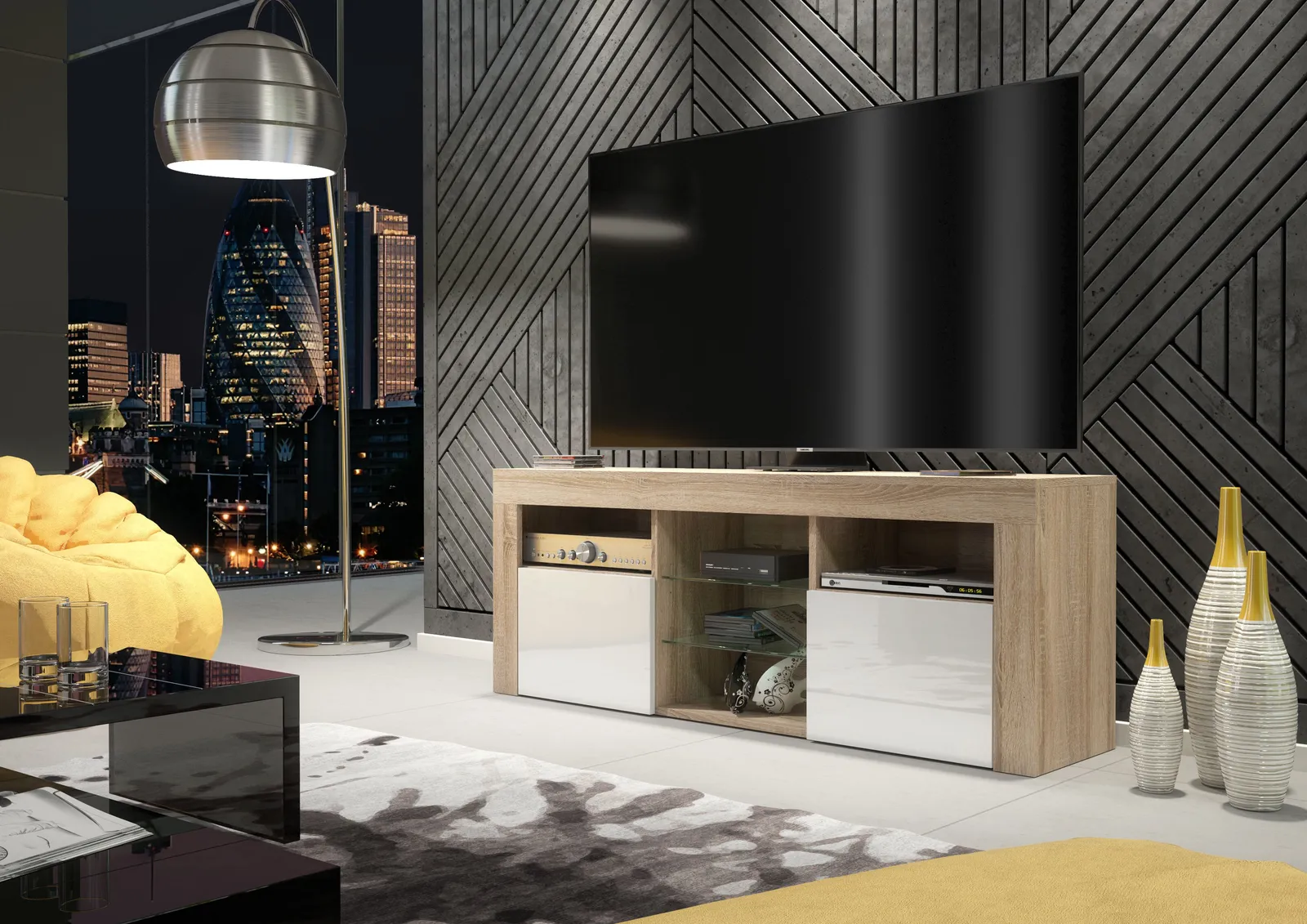 Creative Furniture TV Unit 145cm Modern - Oak with High Gloss White Doors in Light Oak 2