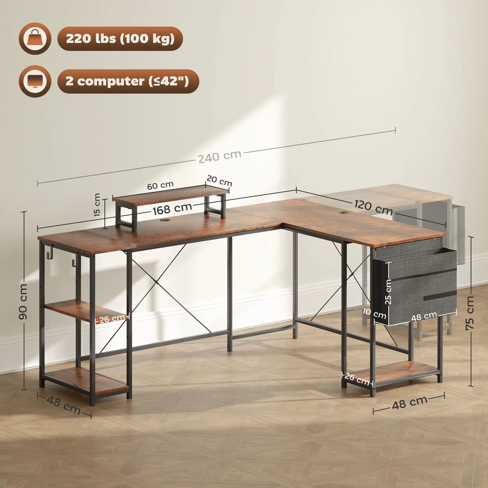 HOMCOM 168cm Reversible L Shaped Desk, 240cm Two Person Desk in Brown 3