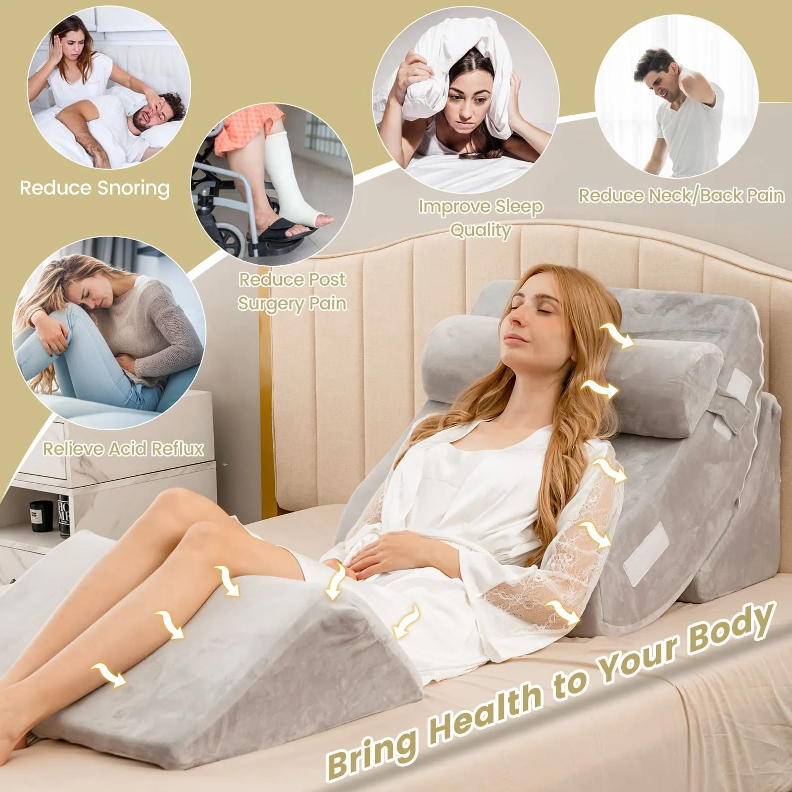Costway 4pcs Bed Wedge Pillow Set Adjustable Bed Wedge Memory Foam Pillow Washable Cover in Grey 4
