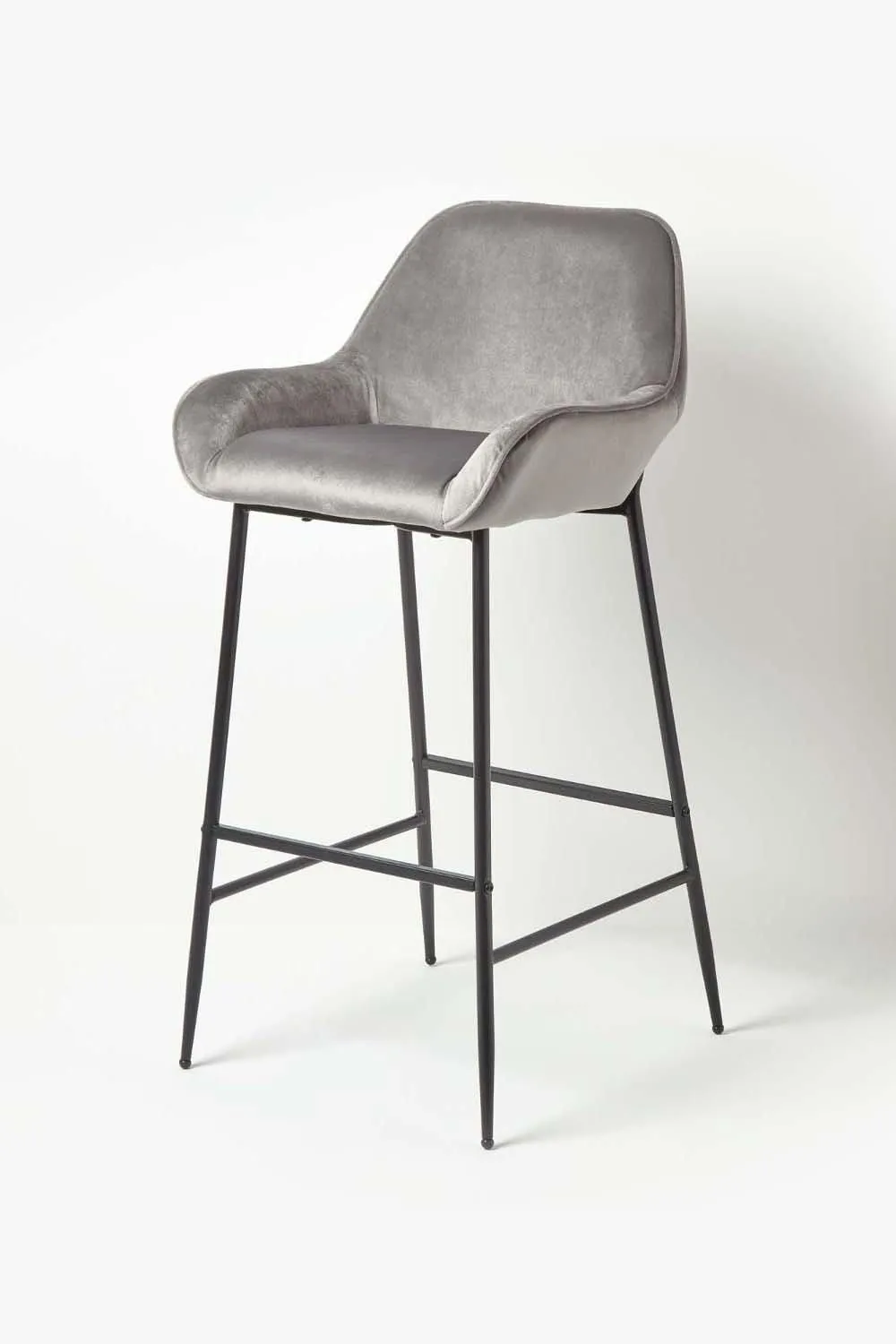 Homescapes Eton Velvet Bar Stool Luxury Upholstered Seat with Arm & Backrest in Grey