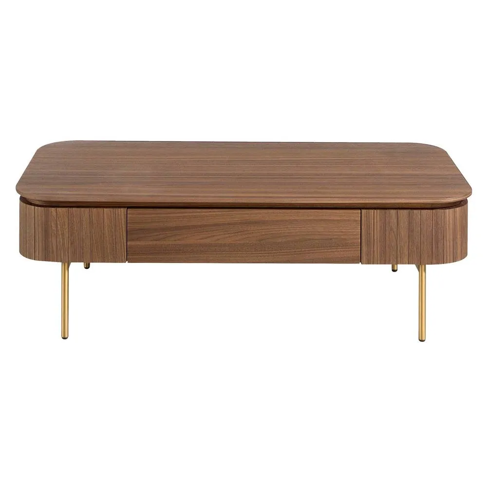 Angel Cerda Walnut Veneer Rectangular Coffee Table with Gold Legs in Brown 2