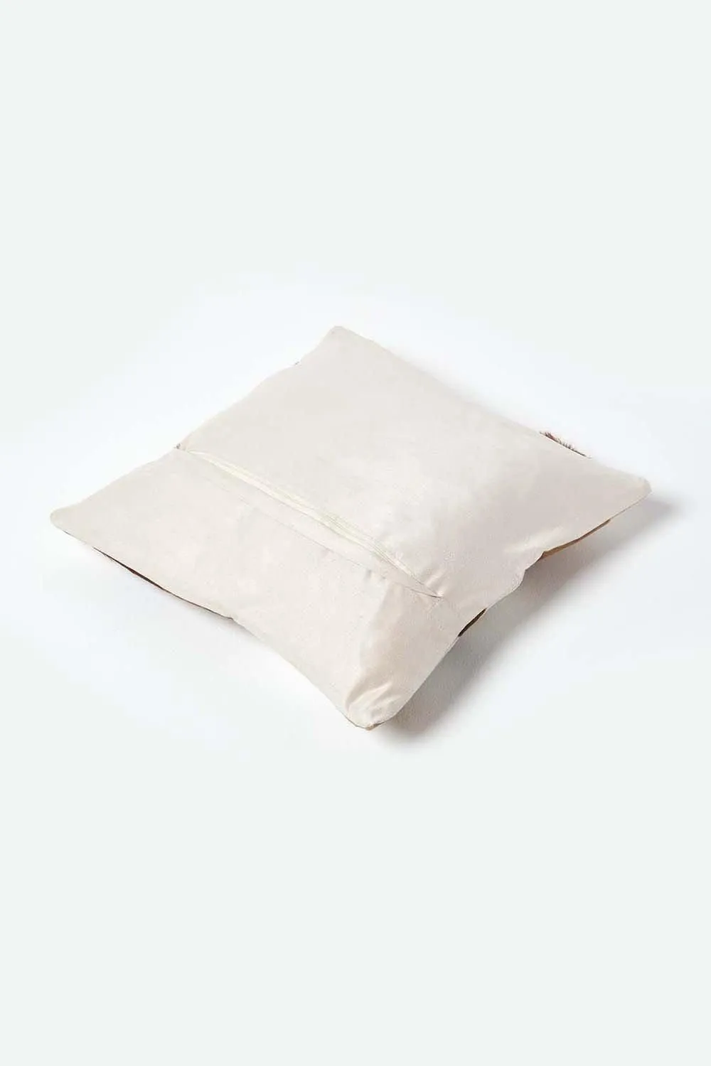 Homescapes Beige & Cream Real Leather & Goat Hair Small Check Cushion with Feather Filling 3
