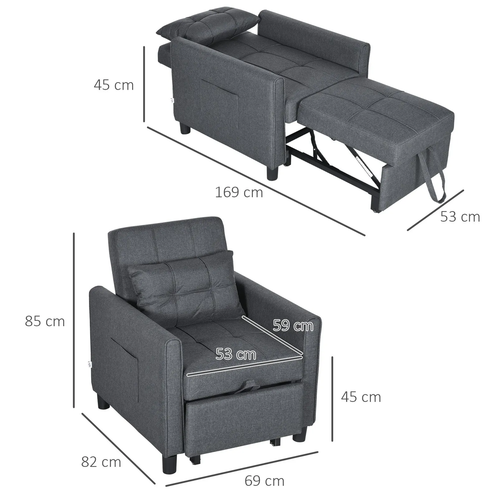 HOMCOM Folding Chair Bed, Fold Out Bed with Pillow & Side Pockets in Dark Grey 3