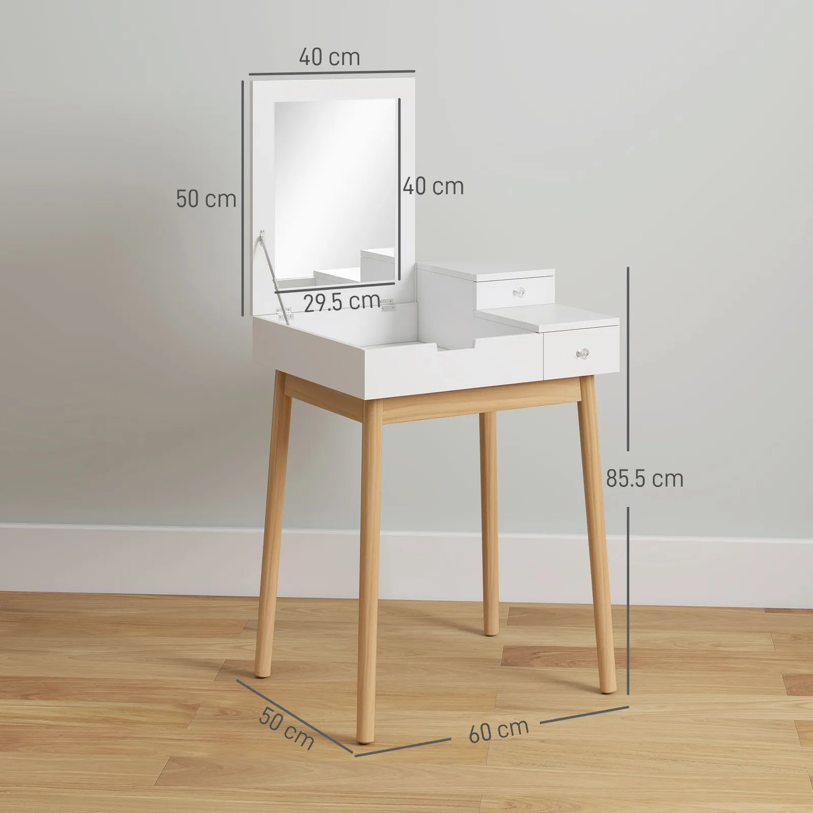 HOMCOM Dressing Table Vanity Desk Flip-up Mirror 2 Drawers in White 3