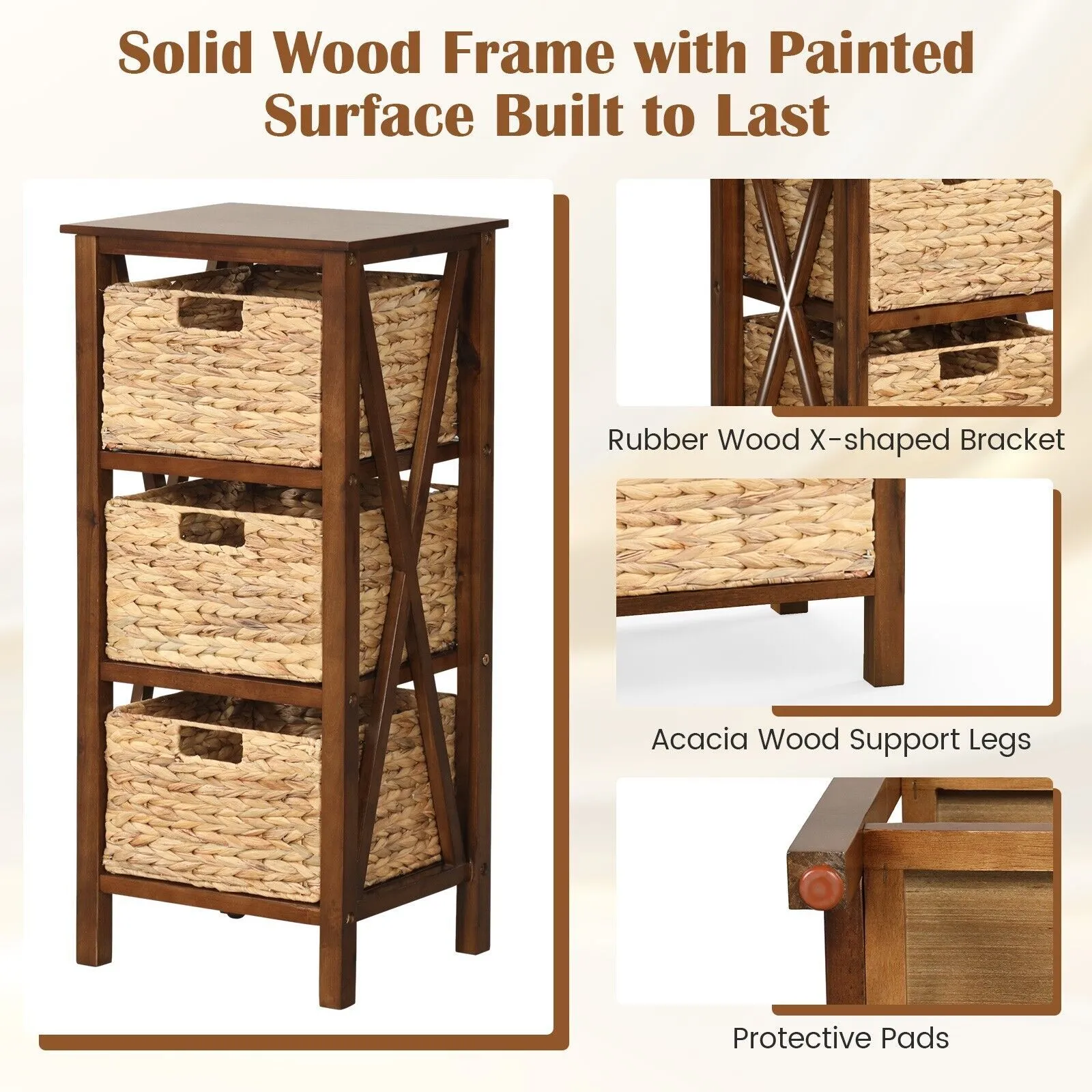 Costway Set of 2 Nightstand 3-Tier Sofa Side Table X-Shaped 3-Drawer End Table in Brown 6