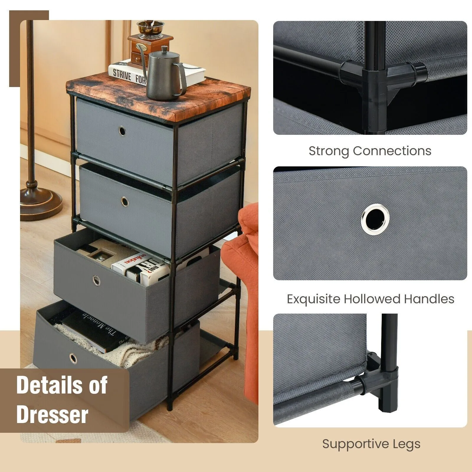 Costway 4 Drawer Fabric Dresser Storage 4-Tier Organizer Tower Dresser Nightstand w/ Drawers in Grey 5