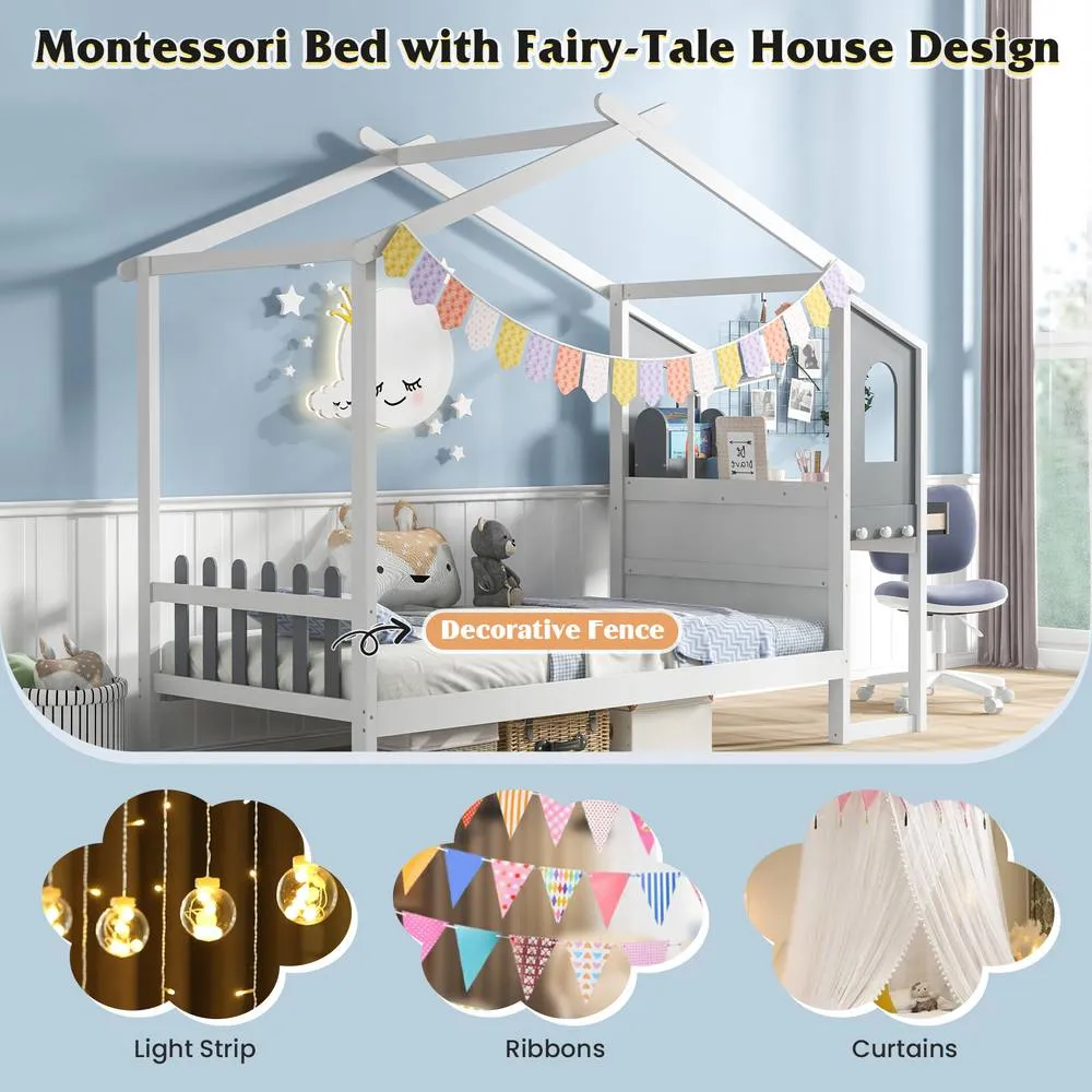 Costway Single House Bed Wood Montessori Bed Frame Playhouse Bed w/Desk in White 5