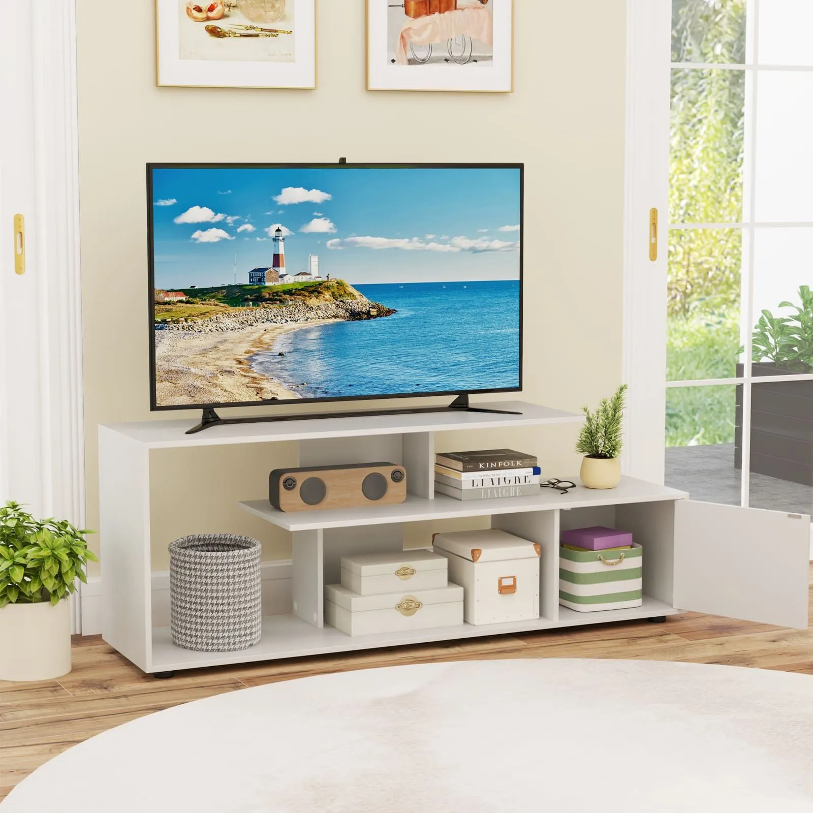 Costway TV Stand for TVs up to 55" 3-Tier Media Console Table w/Storage-White in White 2