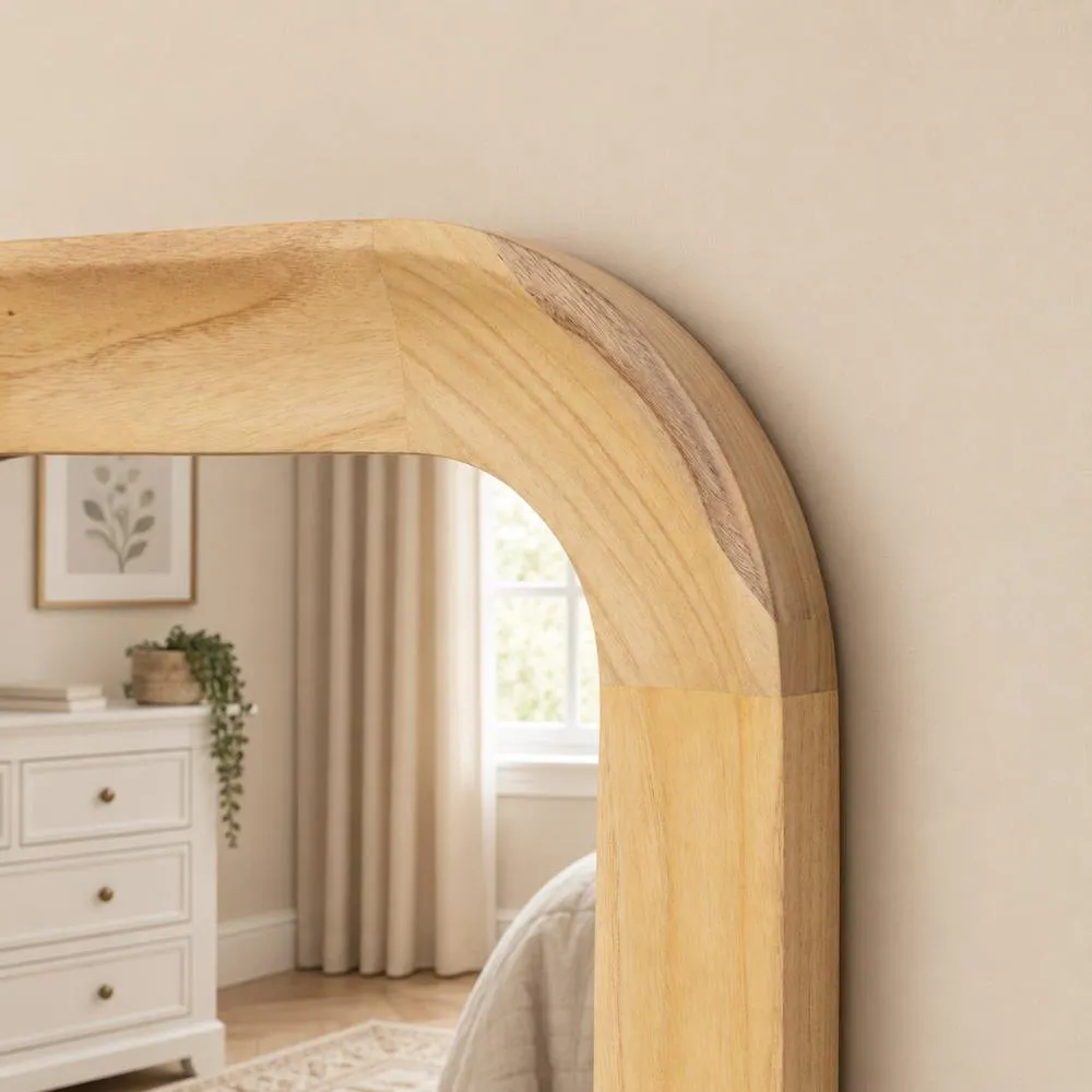 Melody Maison Natural Wood Arched Rounded Full Length Wall Mirror - 142cm x 50cm in Light Brown 2