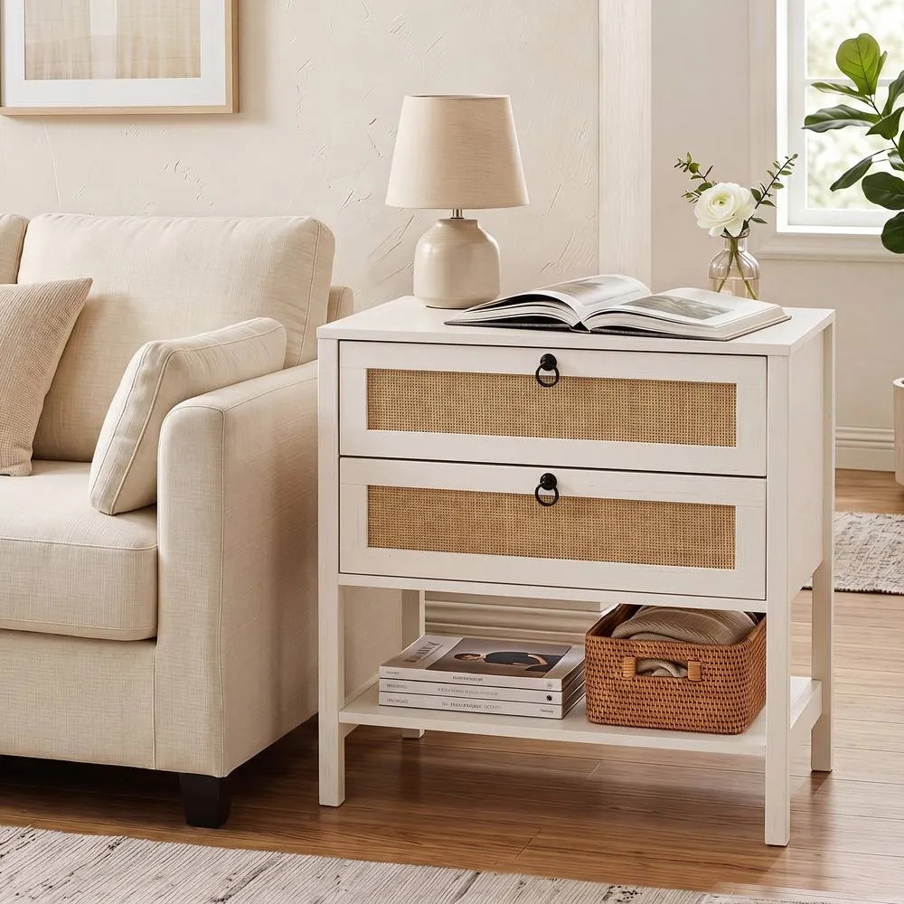 Costway Rattan Bedside Table with 2 Drawers 68cm Wide Boho Nightstand Oak Effect in White 4