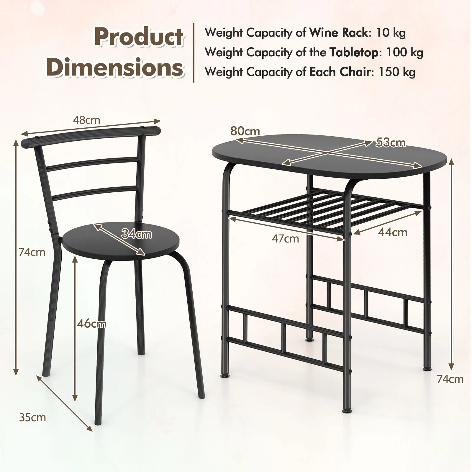 Costway 3-Piece Dining Table Set Kitchen Breakfast Nooks Table & Chairs in Black 3