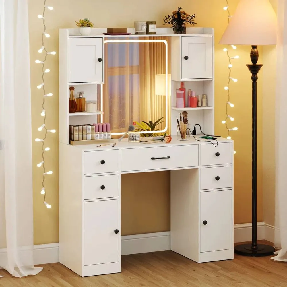 Costway Makeup Vanity Desk Dressing Table w/Charging Station& Mirror in White 3