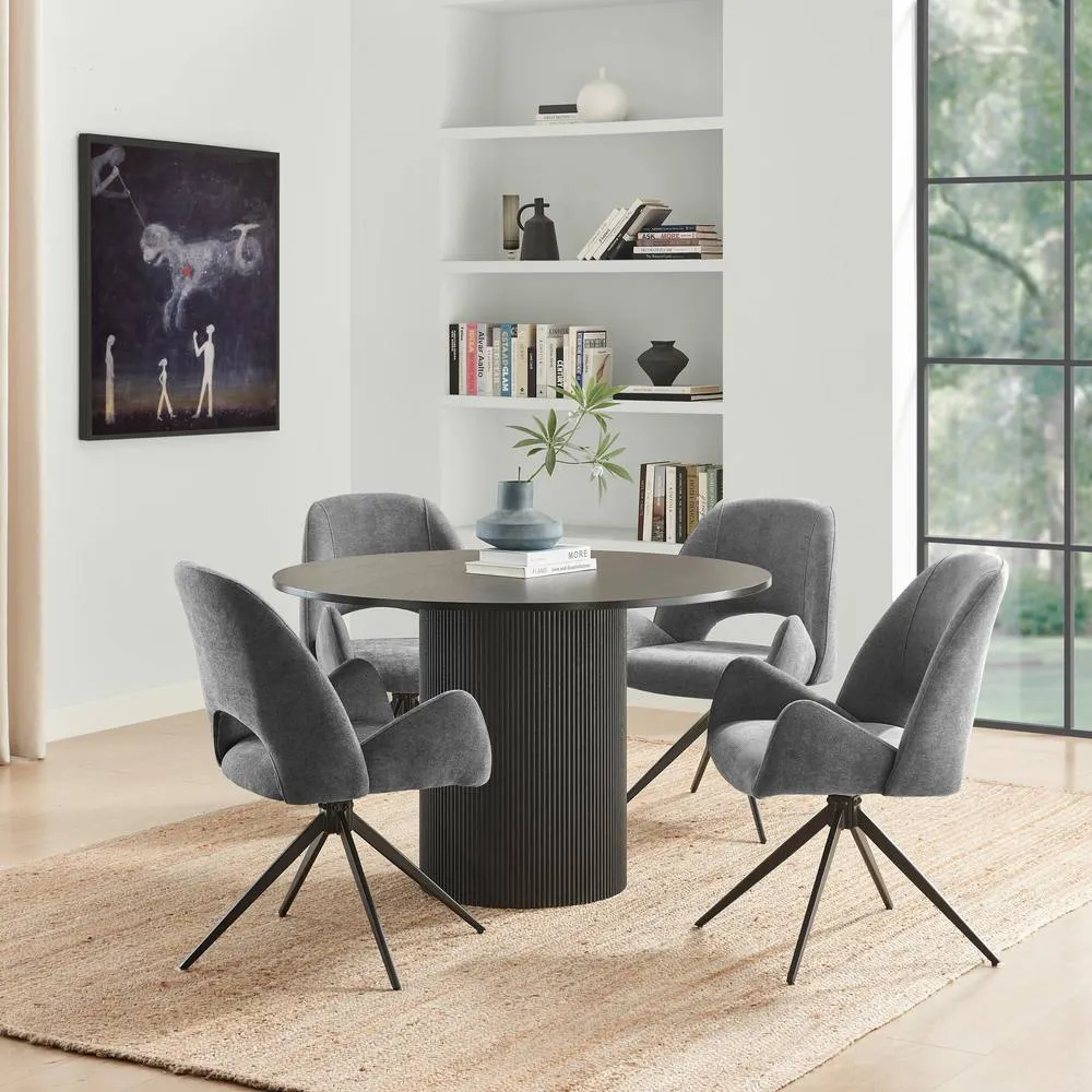 FurnitureboxUK Penrose Black Round Dining Table & 4 Layla Fabric Swivel Chairs in Grey 1