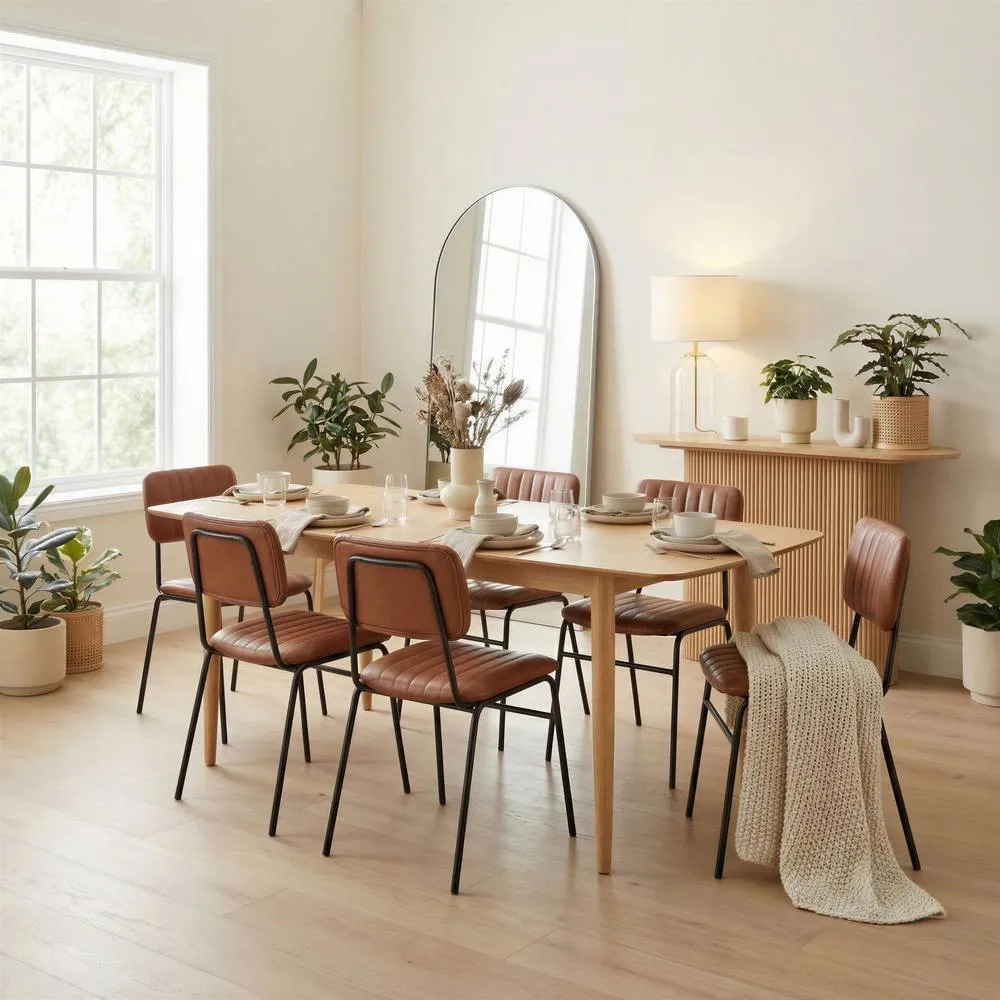 FurnitureboxUK Leif Wood Extending Dining Table with 6 Tan Delta Chairs in Light Oak 1