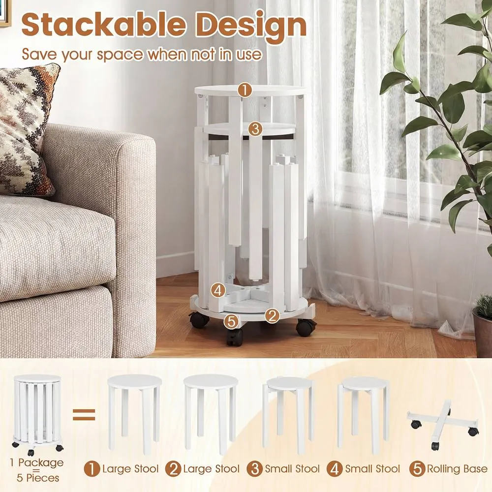 Costway 4PCS Stackable Stools w/ Rolling Base Wooden Nesting Dining Chair in White