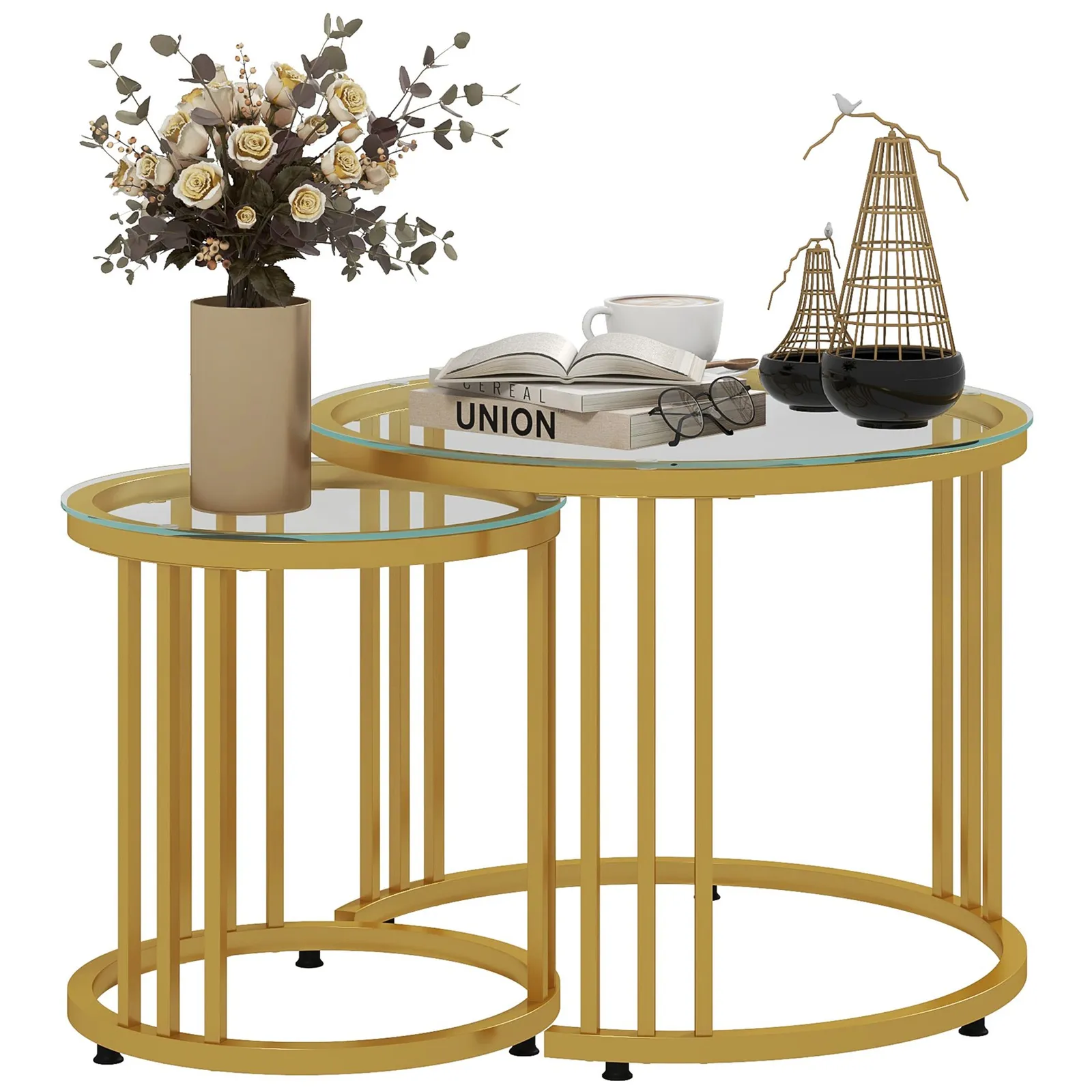HOMCOM Set of 2 Nest of Tables Round Coffee Tables with Tempered Glass Top in Gold 2