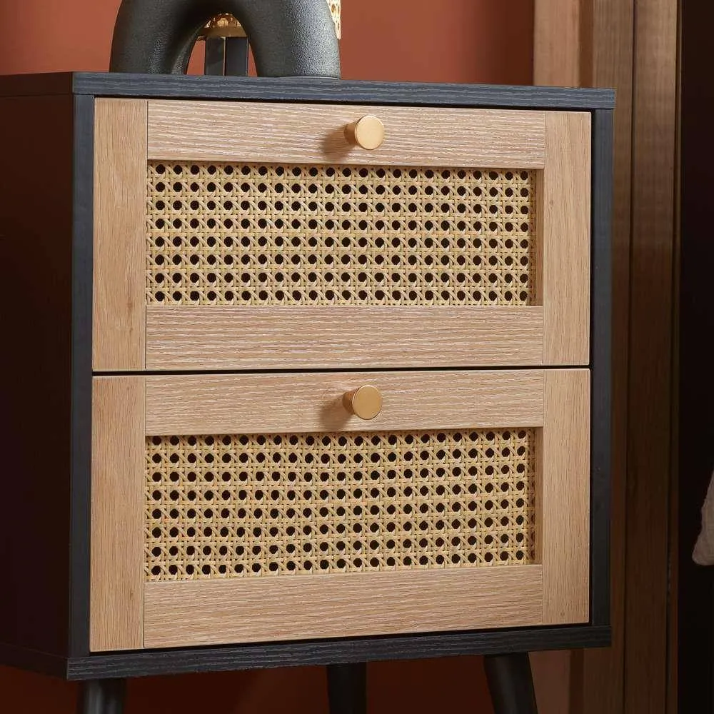 Birlea Pair of Bedside 2 Drawer Cabinet Rattan Croxley Side Table Black 3