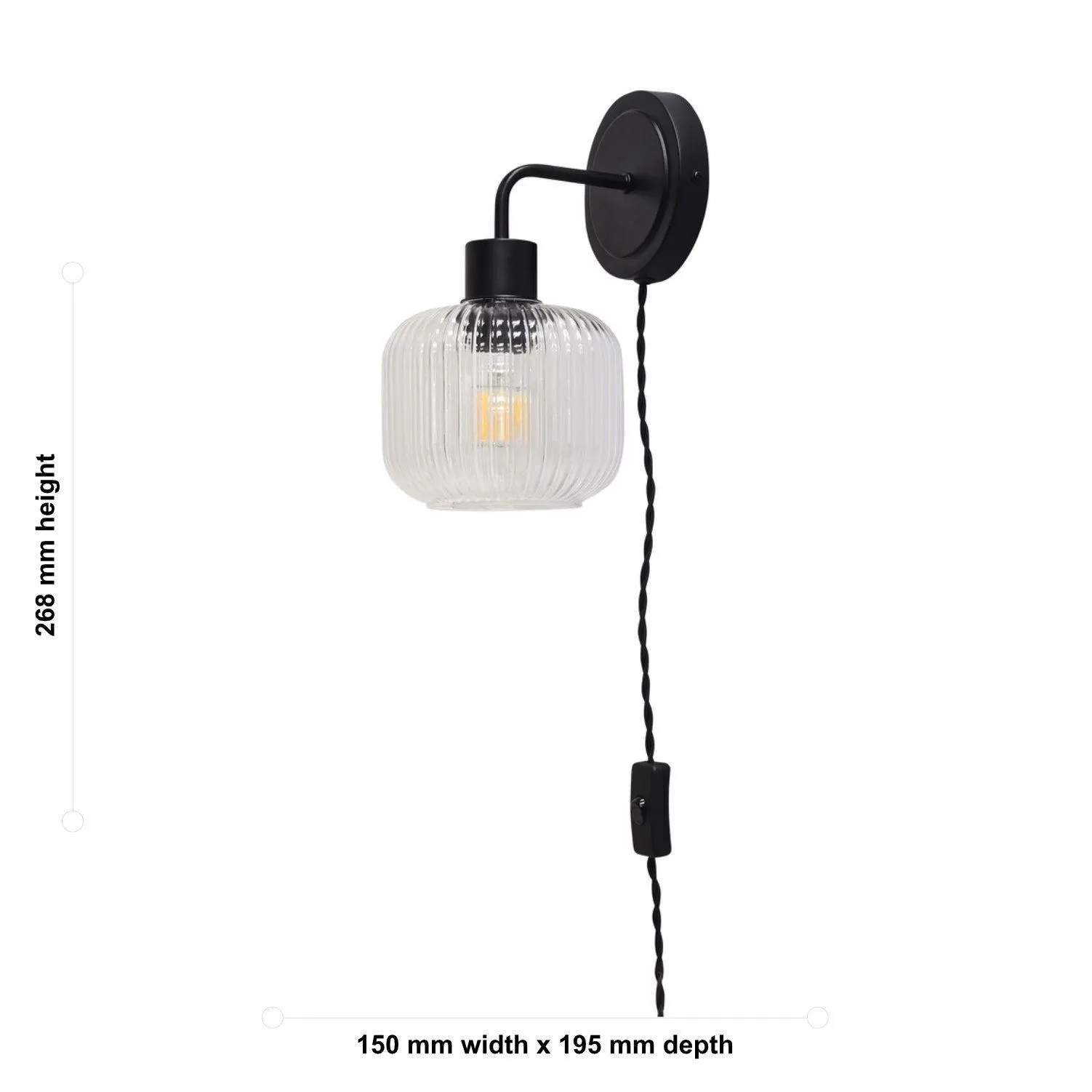 First Choice Lighting Set of 2 Toby - Black Plug in Wall Lights Ribbed Glass Shades 6
