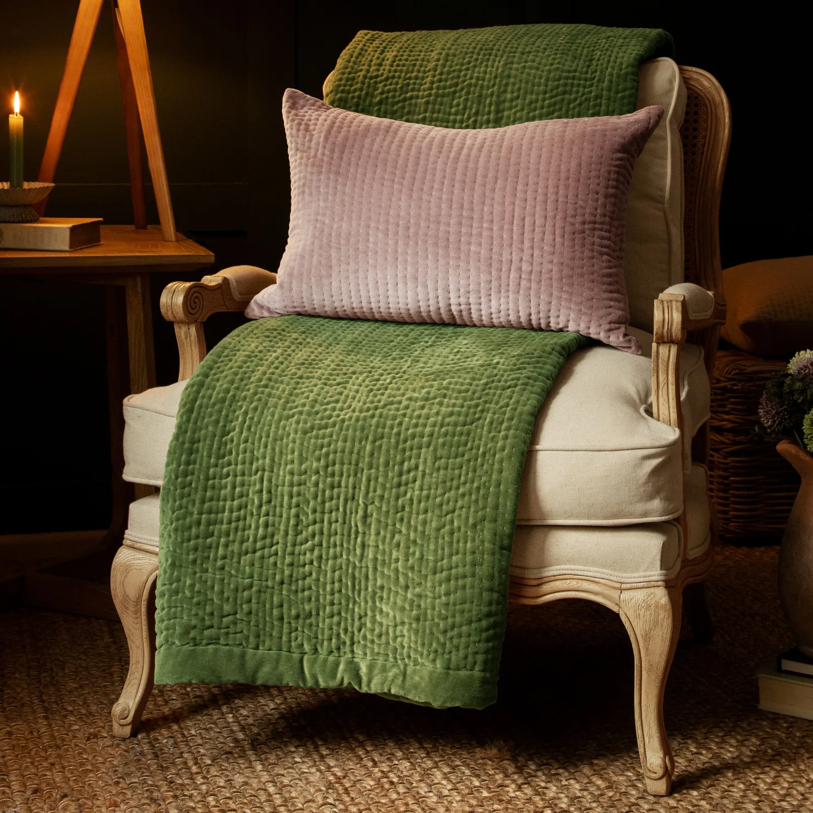 Voyage Maison Haze 100% Cotton Velvet Quilted Throw in Green